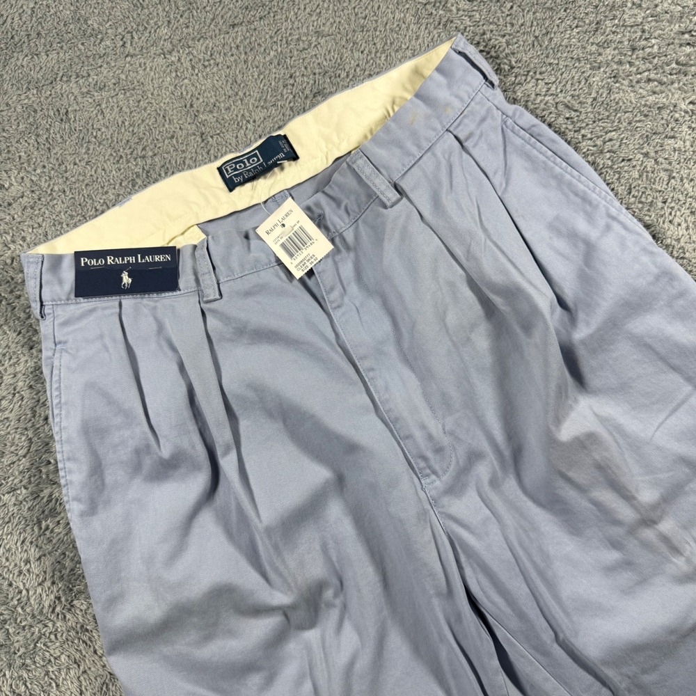 VTG Polo Ralph Lauren Andrew Pant Mens 35x32 Blue Double Pleated Chino NWT Flaw